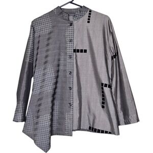 Abstract Asymmetrical Button Up Blouse Gray Unique Long Sleeve Art You Wear L‎